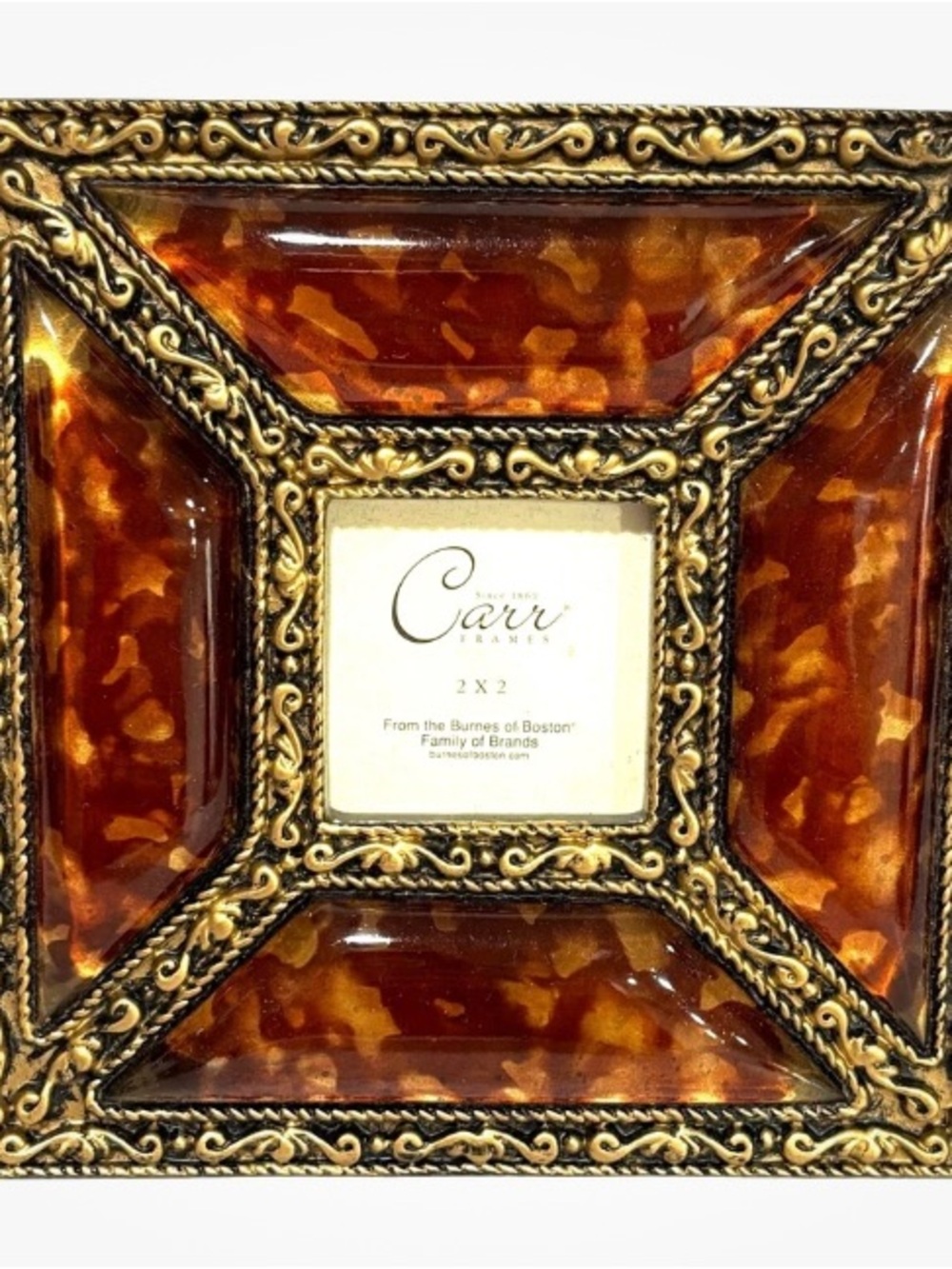 Carr Faux Tortoise Shell & Gold Colored Ornate Detail  Holds 2” X 2” Photo